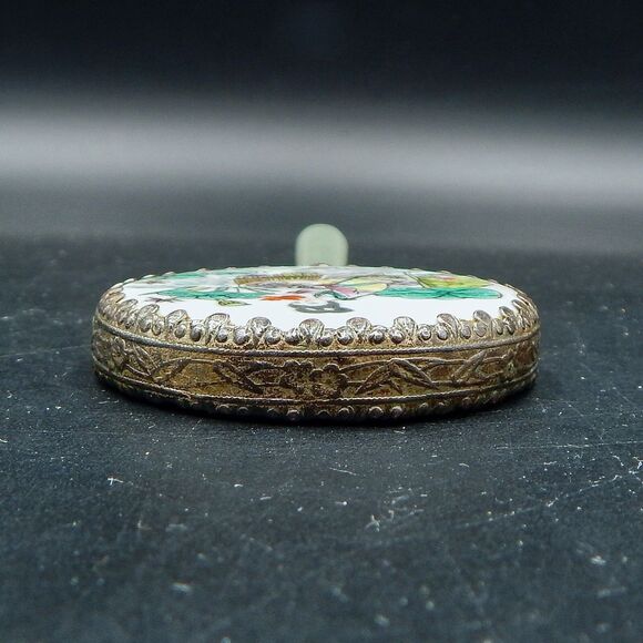 Asian Hand Mirror Lady Fishing Jade Handle Hand Painted Porcelain Top - Picture 7 of 9